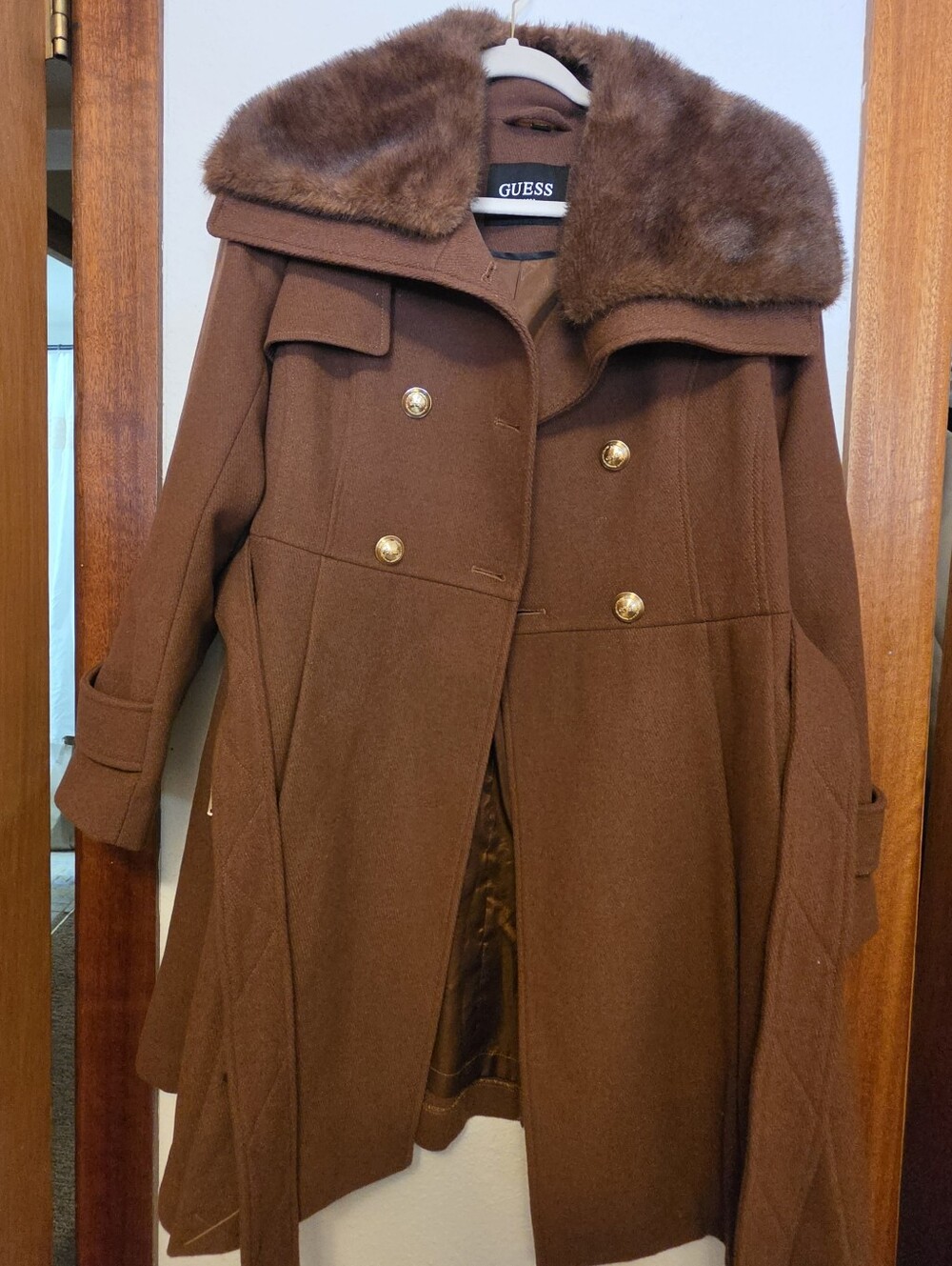 GUESS Brown Double-Breasted Wool-Blend Pea Coat with Faux-Fur Collar